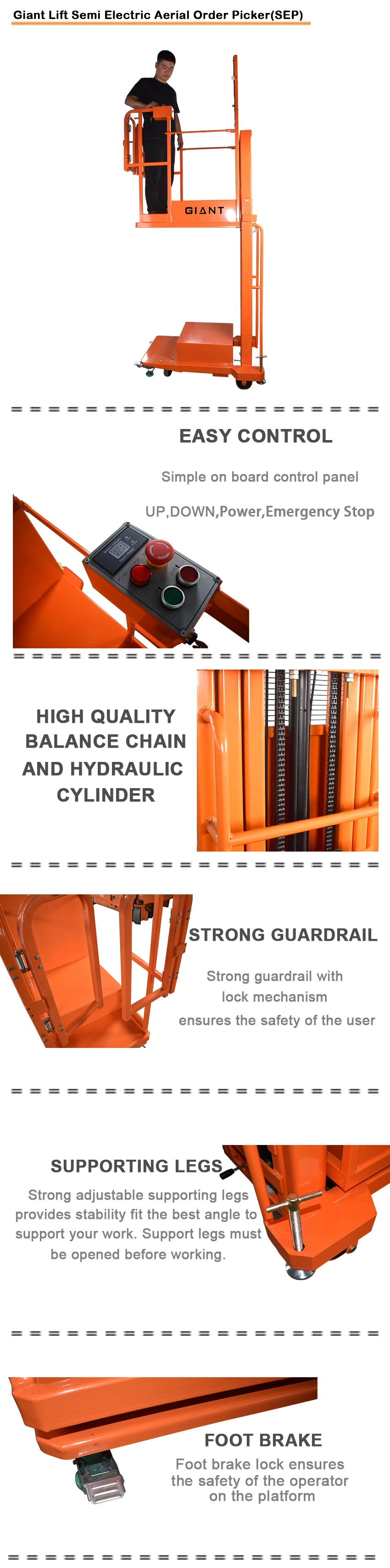 Semi Electric Aerial Order Picker Low Profile Hydraulic Order Picker Cargo Lifting Work Positioner (SEP3)